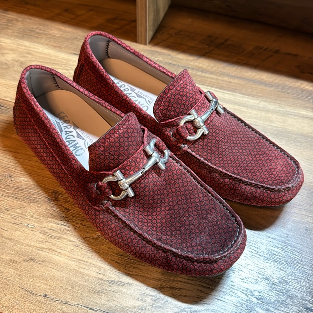 Ferragamo Gancini red suede driving loafer